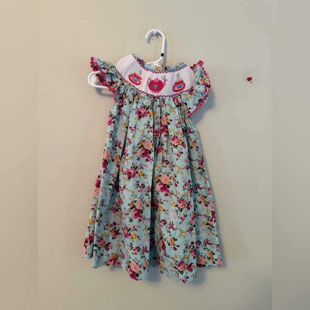 Smocked Blessings Floral Kids Dress with Tea Cup Smocking